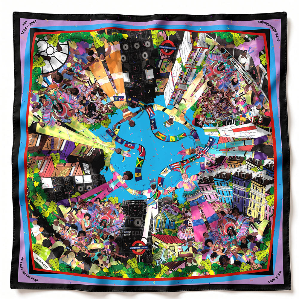 Sagaboi 60 Years on the Road 90 x 90 cm silk scarf celebrating 60 years of Notting Hill Carnival, shown flat on white.